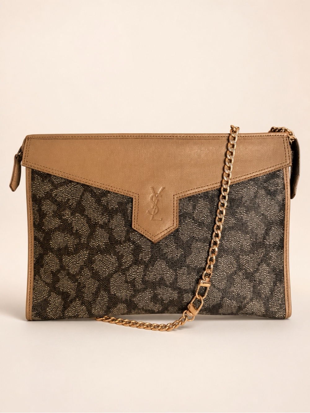 Saint Laurent YSL Monogram unbranded Chain Clutch Crossbody Taupe Black